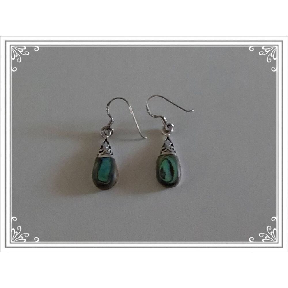 Gorgeous Vintage Inlay Abalone Shell Gems Dangle Earrings~.925 Sterling Silver